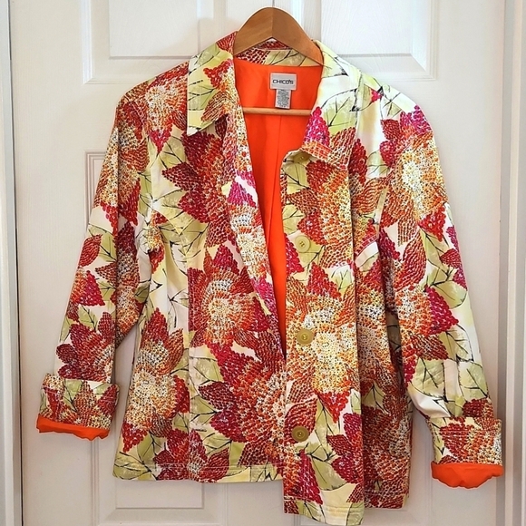 Chico’s Jacket Blazer Art To Wear Womens Sz 3 XL 16 Orange Pink Sequins Ladybugs - Picture 15 of 16